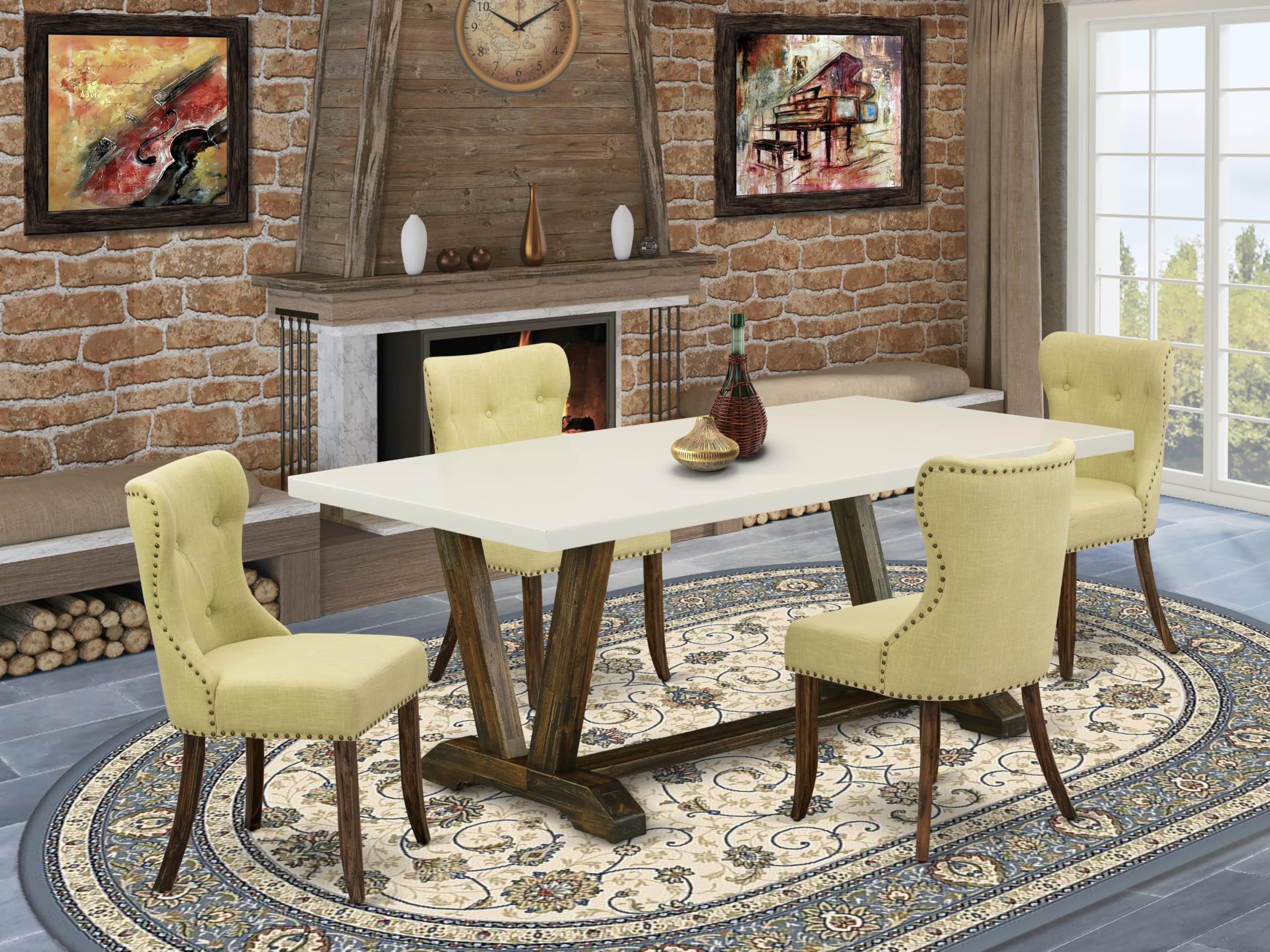 East West Furniture V727Si737-5 5 Piece Dining Table Set For 4 Includes A Rectangle Kitchen Table With V-Legs And 4 Limelight Linen Fabric Parson Dining Chairs, 40X72 Inch, Multi-Color